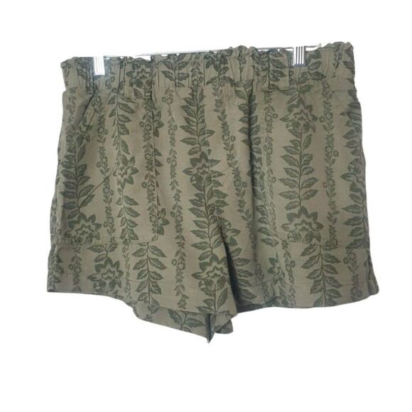 Womens High-Waisted Shorts M Olive Green Floral Pocket Wide Leg Casual Beach - Picture 1 of 5